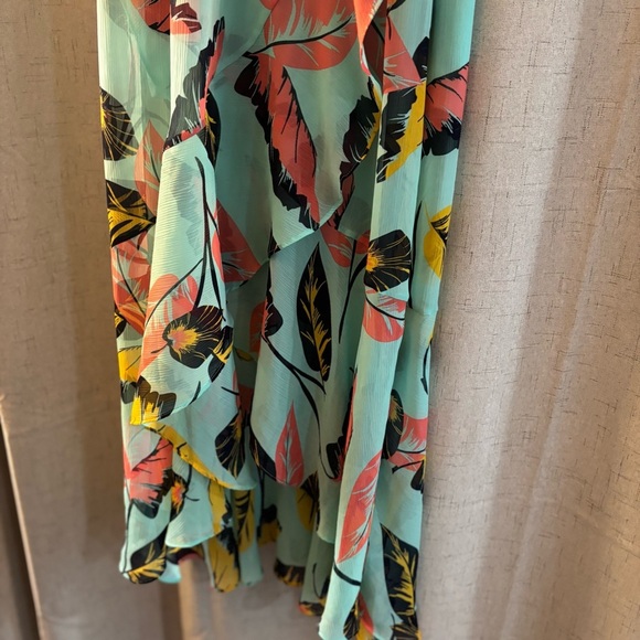 Express Teal Tropical print Off-Shoulder High Low Fit Flare Lined Dress Size S - Picture 9 of 10